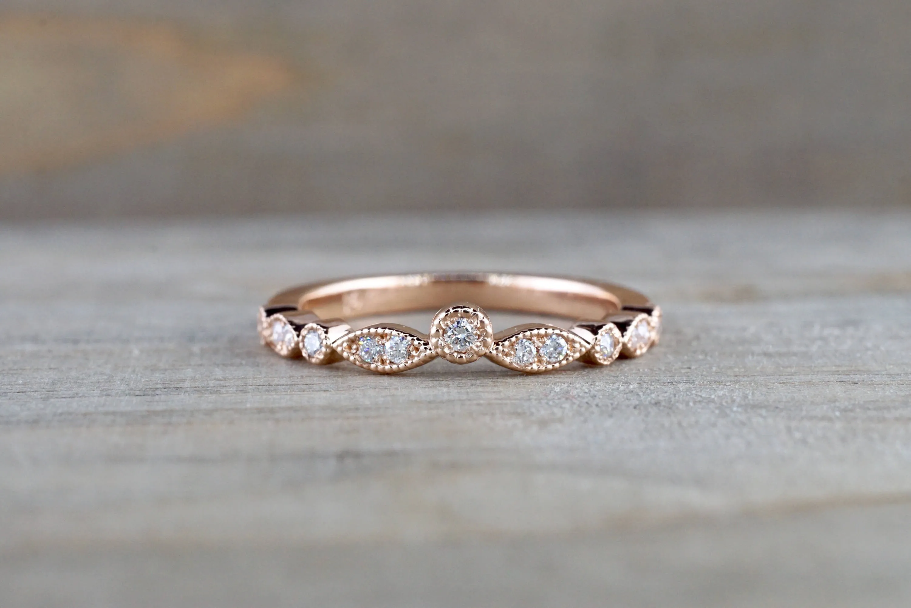 14k Rose Gold Vintage V Diamond Milgrain Band Ring