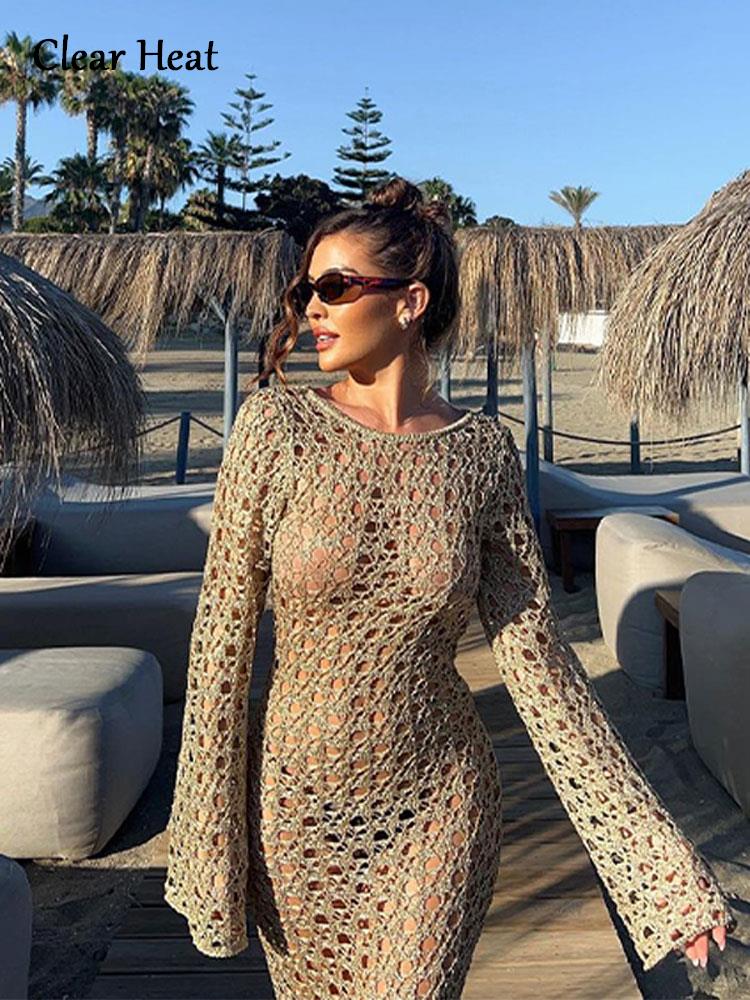 2023 New Women Sexy Hollow Out Backless Beach Dress Female Bodycon Cut Out Maxi Knitted Dresses Lady Holiday Wear Long Vestidos