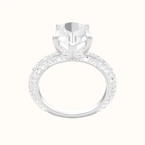 3/4 Three Row Pave Engagement Ring With V Prong with Hidden Halo Head