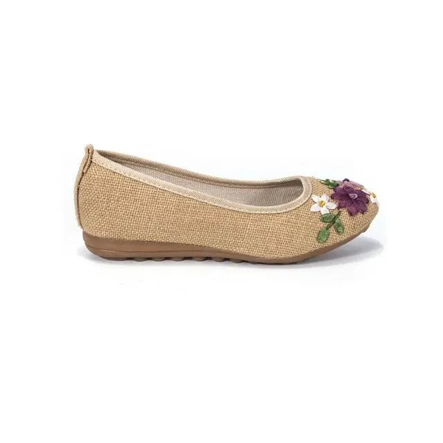 Apricot and White Floral Applique Stylish Women's Flat