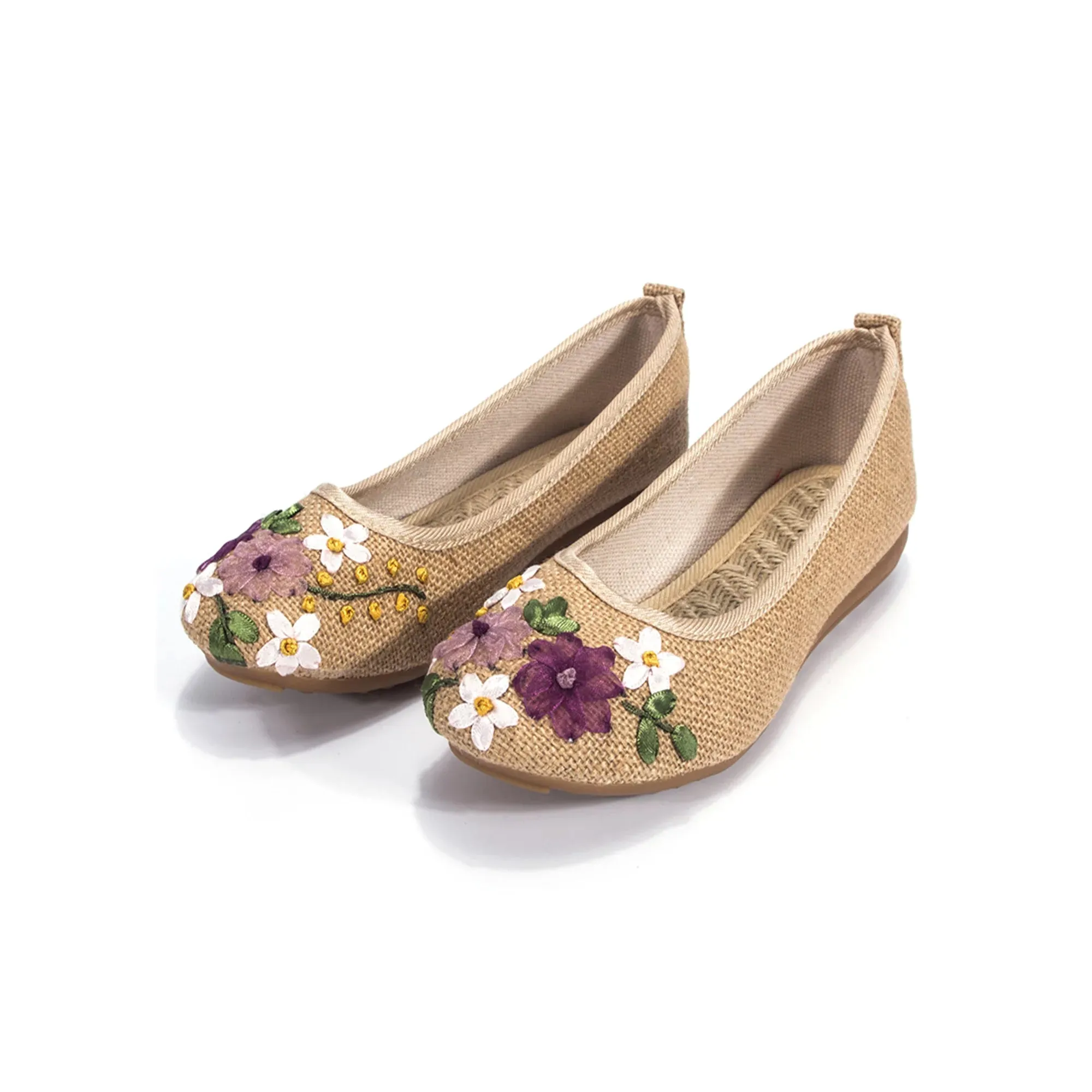 Apricot and White Floral Applique Stylish Women's Flat