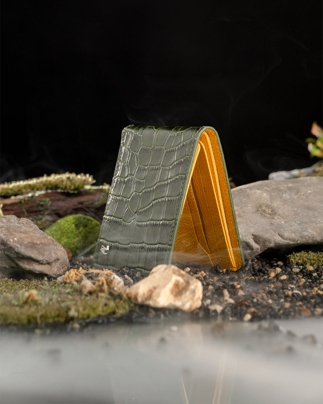 Artemis Croco Wallet - Moss Green and Yellow Leather