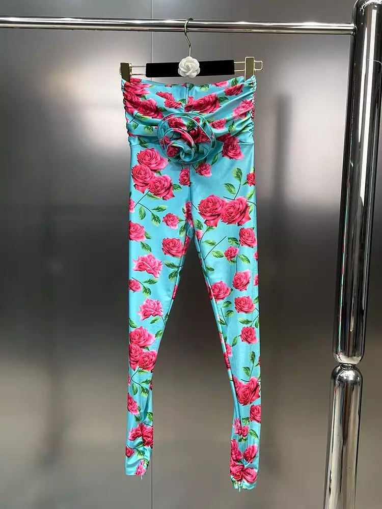 Ashore Boutique O-neck Hollow Out Designer Flower Print Shirt Women's 3D Floral Slim Pants Female 2023 Summer New