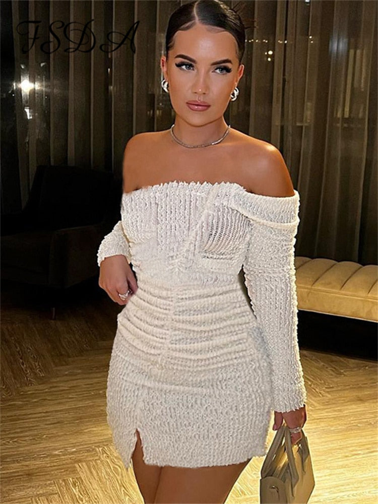 Ashore Shop Lace Striped One Shoulder Long Sleeve Mini Bodycon Dress Autumn Women Sexy Skinny Off Shoulder Party Dresses Clubwea