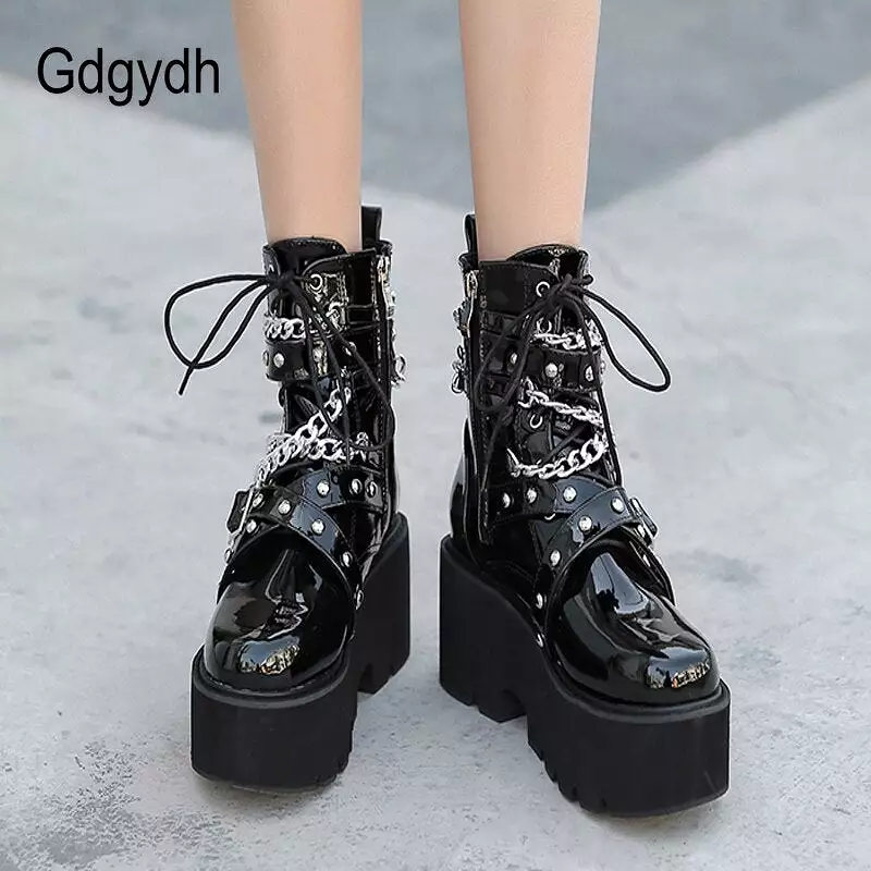 Autumn Winter Boots Women Sexy Chain Boots Ankle Buckle Strap Ankle Boots Square Heel Thick Sole Platform Rock Punk Style