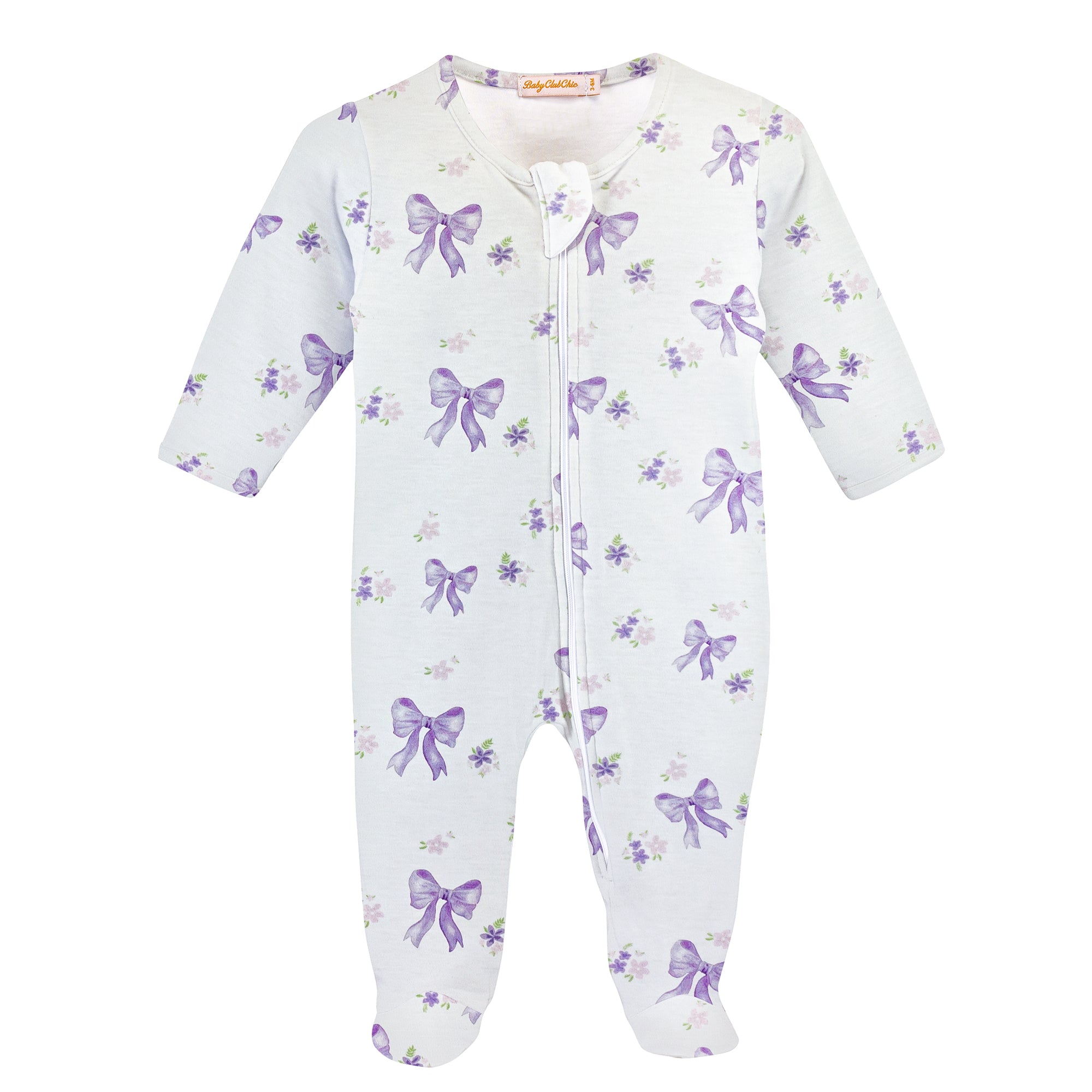 Baby Club Chic - Lavender Bows Zip Footie