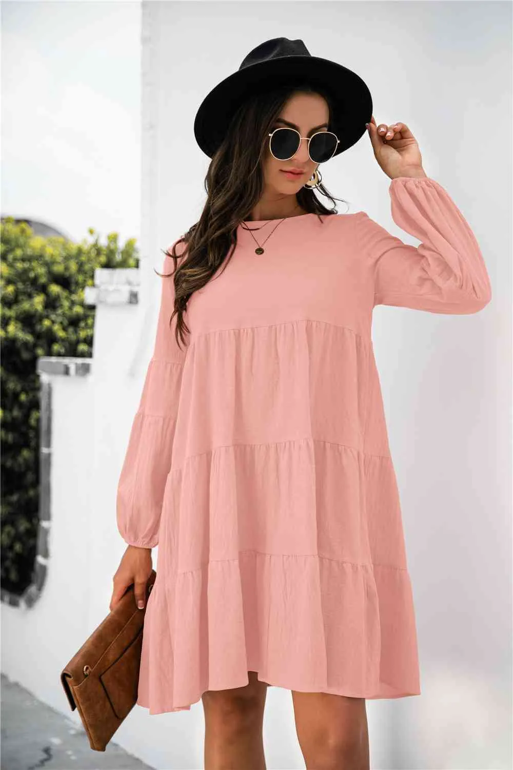 Balloon Sleeve Keyhole Tiered Dress