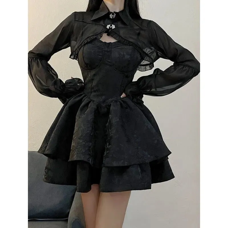 Black Sexy Lolita Women Gothic Vintage Mini Harajuku Halloween Cosplay Costumes Long Sleeve Fairy Dress