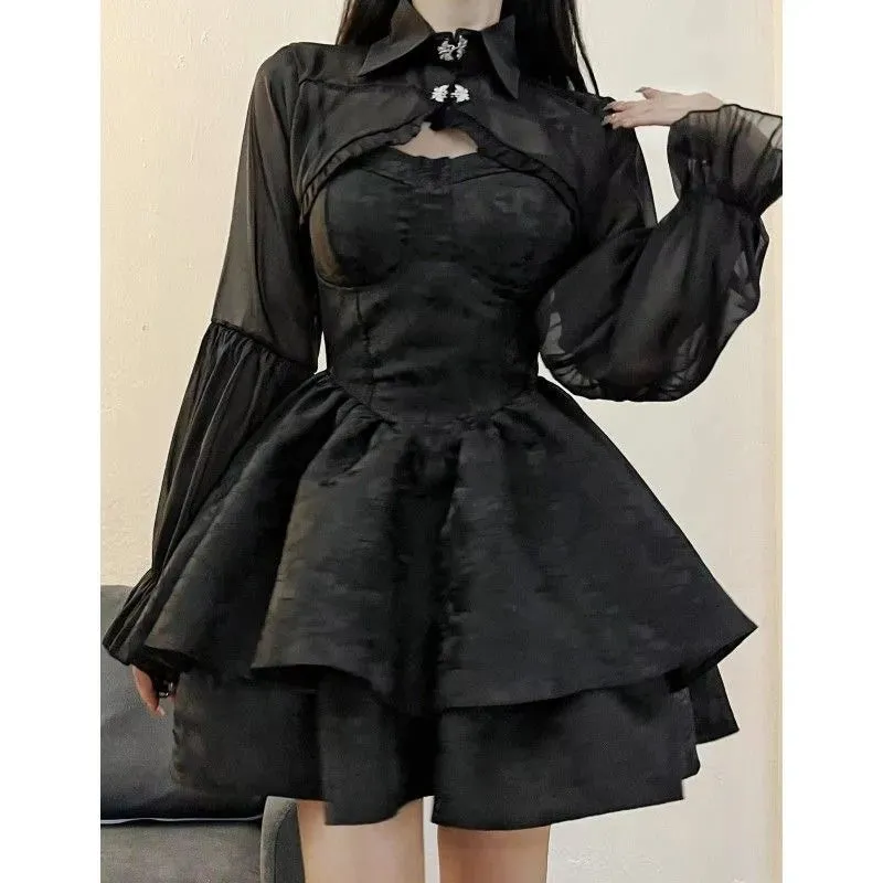 Black Sexy Lolita Women Gothic Vintage Mini Harajuku Halloween Cosplay Costumes Long Sleeve Fairy Dress