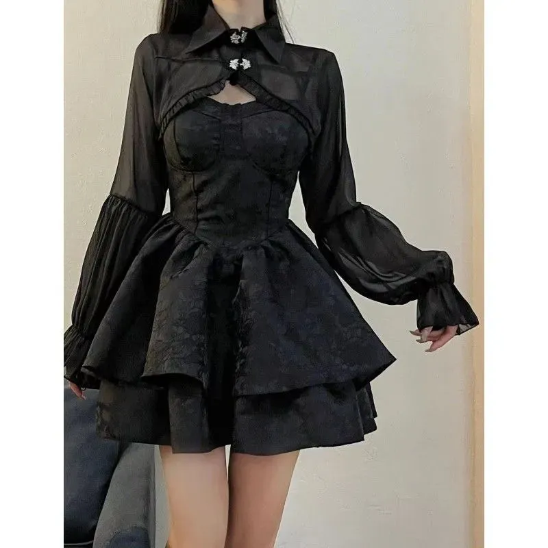 Black Sexy Lolita Women Gothic Vintage Mini Harajuku Halloween Cosplay Costumes Long Sleeve Fairy Dress