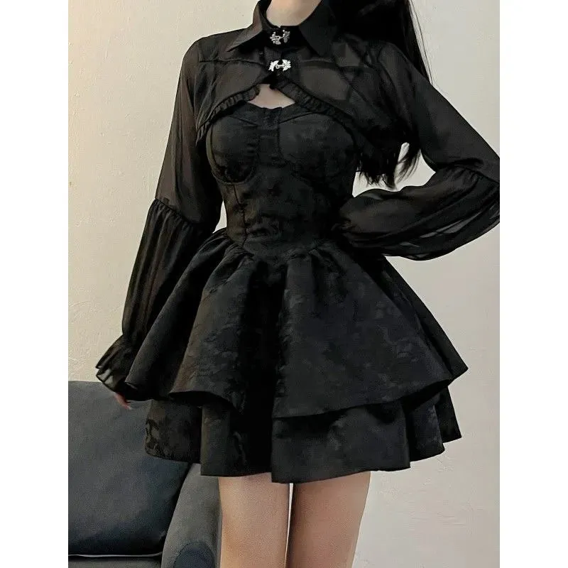 Black Sexy Lolita Women Gothic Vintage Mini Harajuku Halloween Cosplay Costumes Long Sleeve Fairy Dress