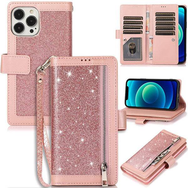 Bling Wallet Case with Wrist Strap for iPhone 13 Series