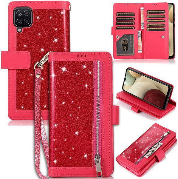 Bling Wallet Case with Wrist Strap for Samsung A12