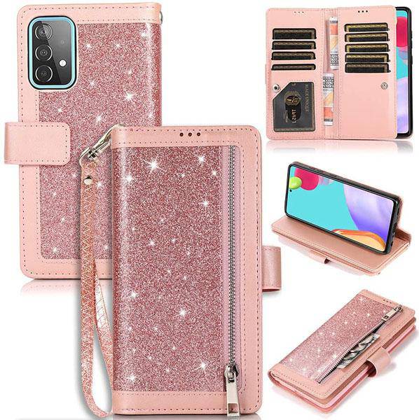 Bling Wallet Case with Wrist Strap for Samsung A52(4G/5G)