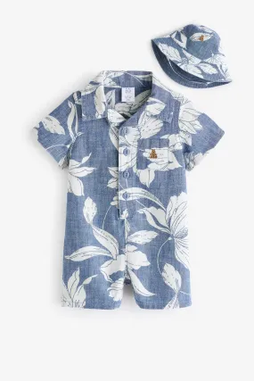 Blue Brannan Bear Print Short Sleeve Baby Romper & Hat (Newborn-24mths)