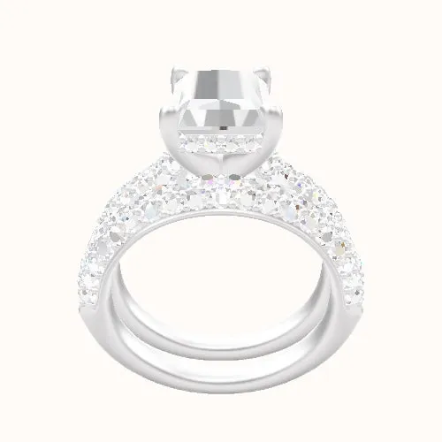 Cathedral Three Row Pave Engagement Ring With V Prong with Hidden Halo Head and Matching Band