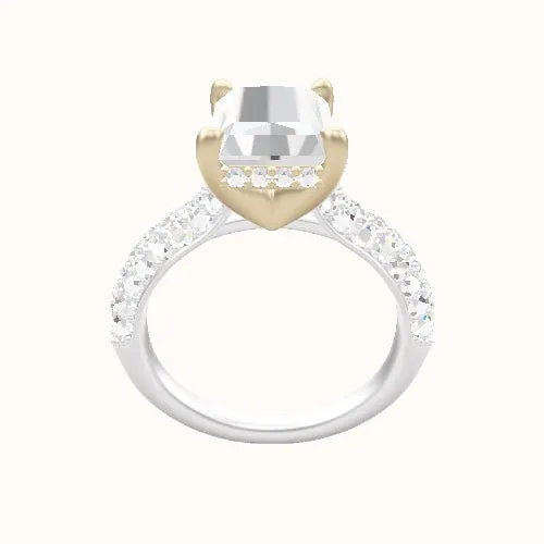 Cathedral Three Row Pave Engagement Ring With V Prong with Hidden Halo Head