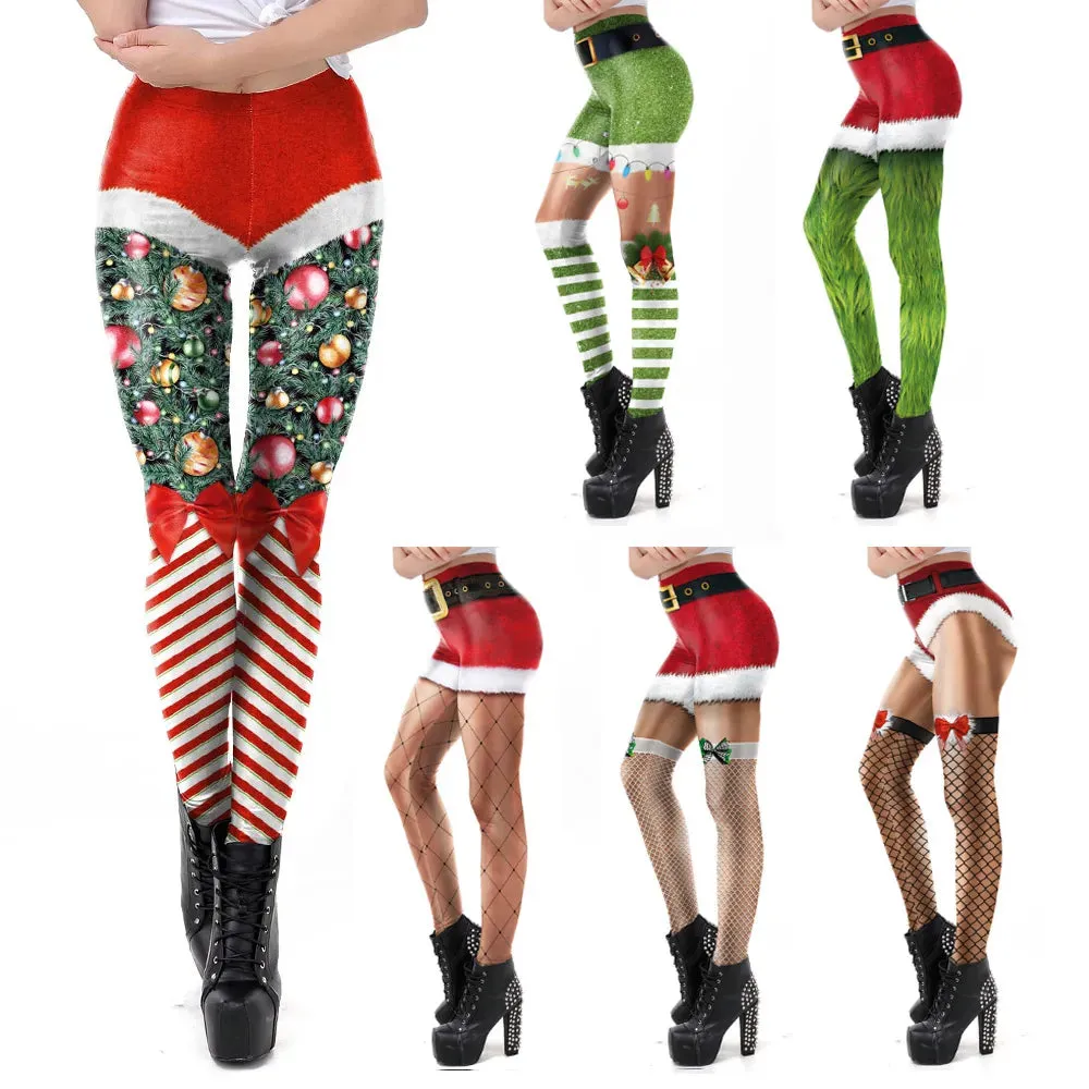 Christmas Belt Festival Women 3D Stripe Sexy High Waist Skinny Legging