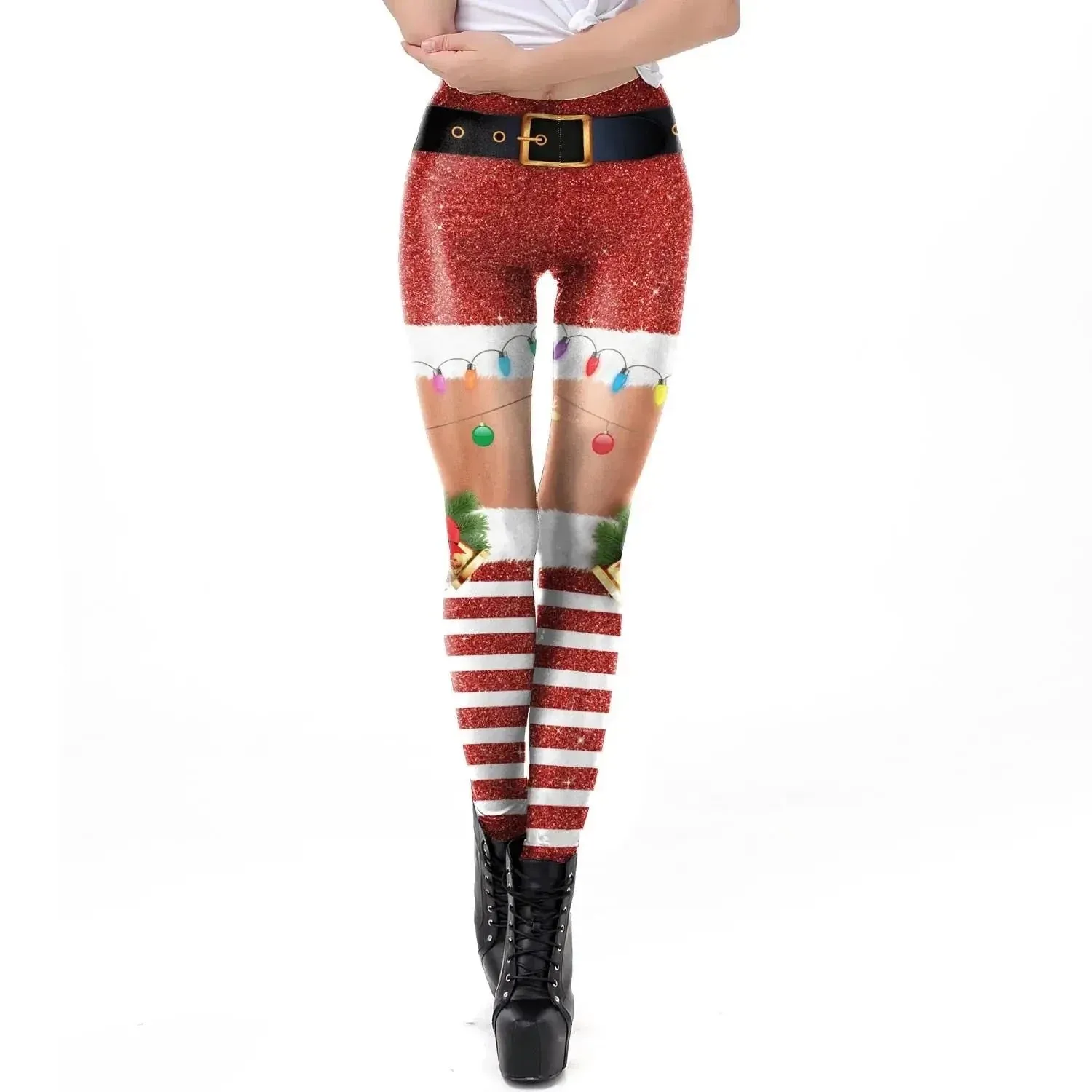 Christmas Belt Festival Women 3D Stripe Sexy High Waist Skinny Legging