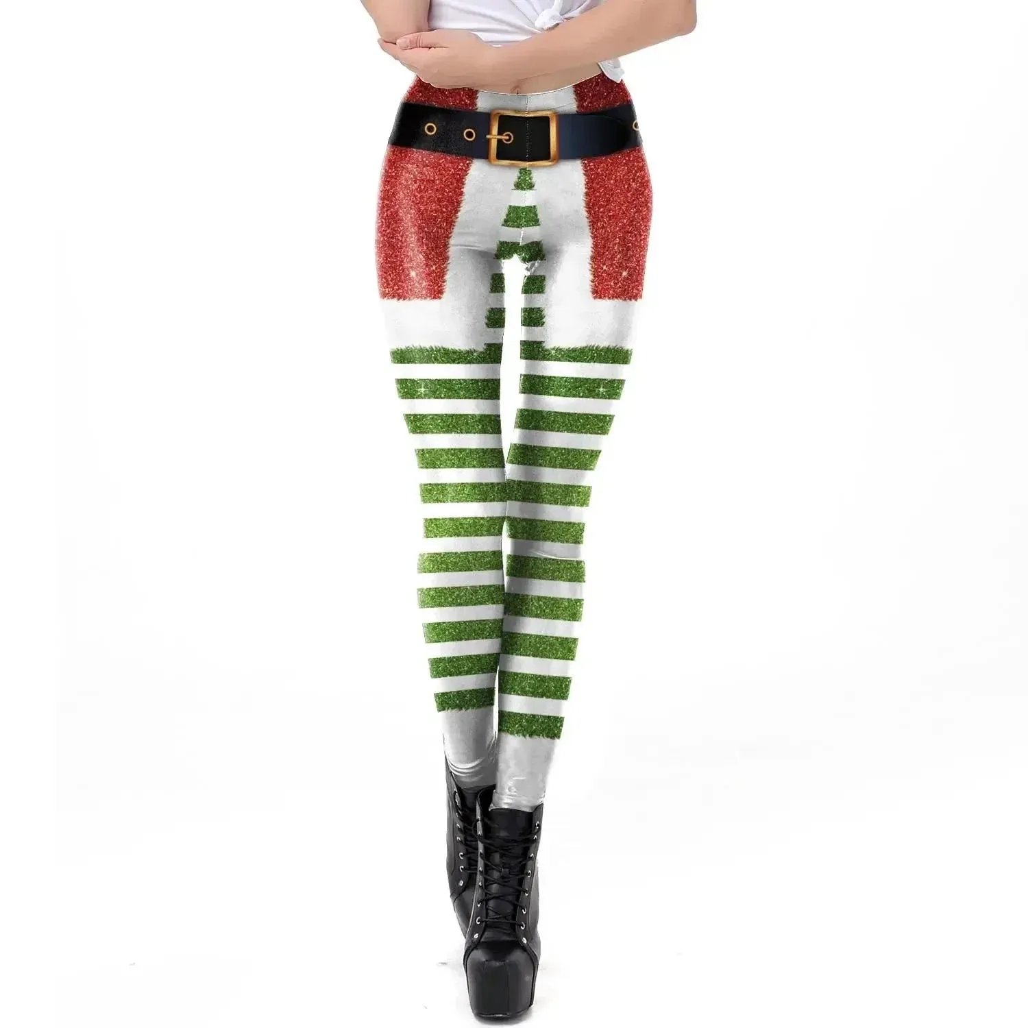 Christmas Belt Festival Women 3D Stripe Sexy High Waist Skinny Legging