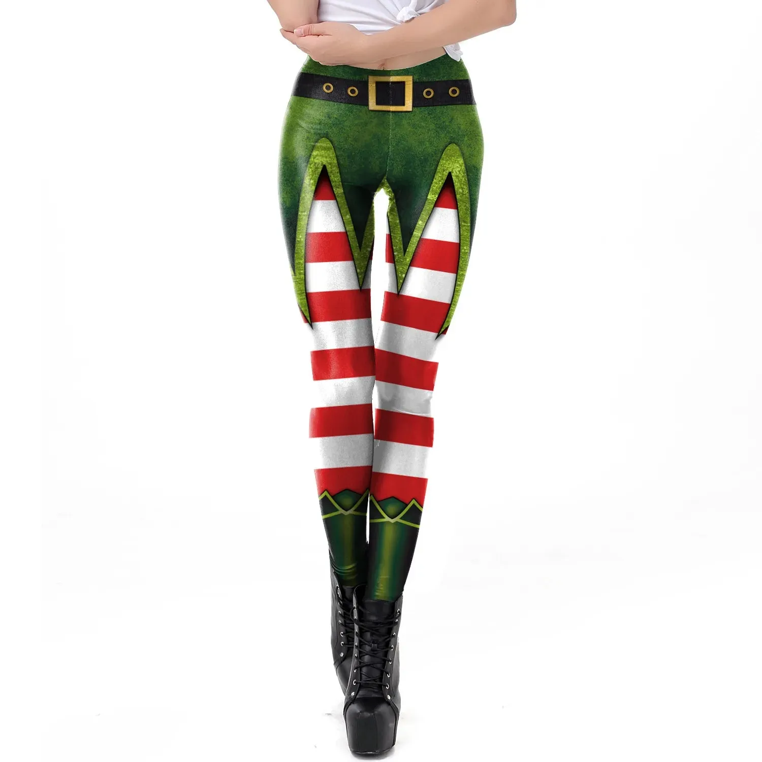 Christmas Belt Festival Women 3D Stripe Sexy High Waist Skinny Legging