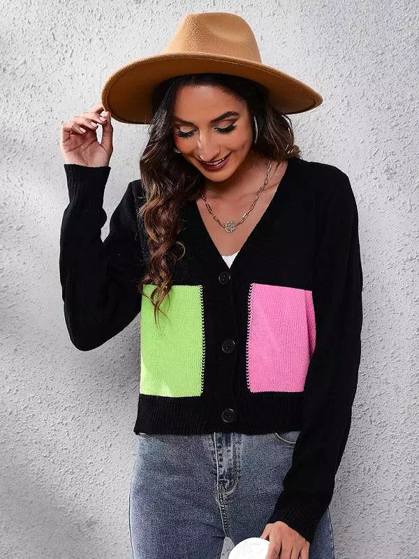 Contrast Stitched Women Cardigan Sweater