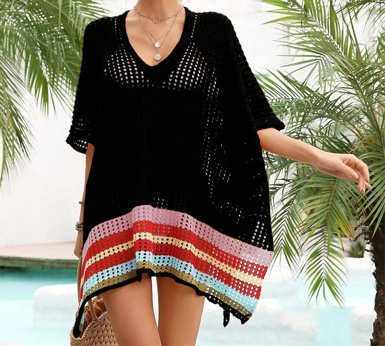 Cover Ups Boho Beach Crochet Robe Sexy Hollow Out Knitted Cover-ups Summer Rrainbow Stripe Cover Up for Women Mini Dresses Loose