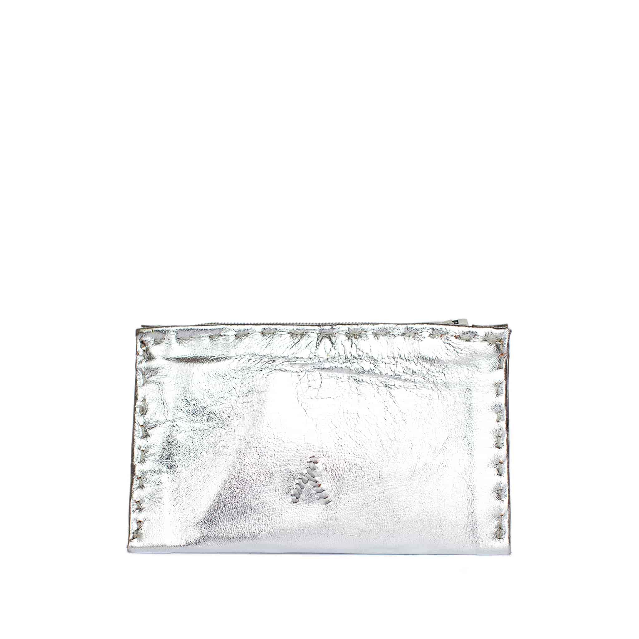 Embroidered Leather Coin Wallet in Silver