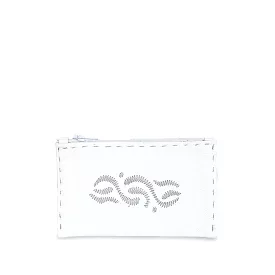 Embroidered Leather Coin Wallet in White, Silver