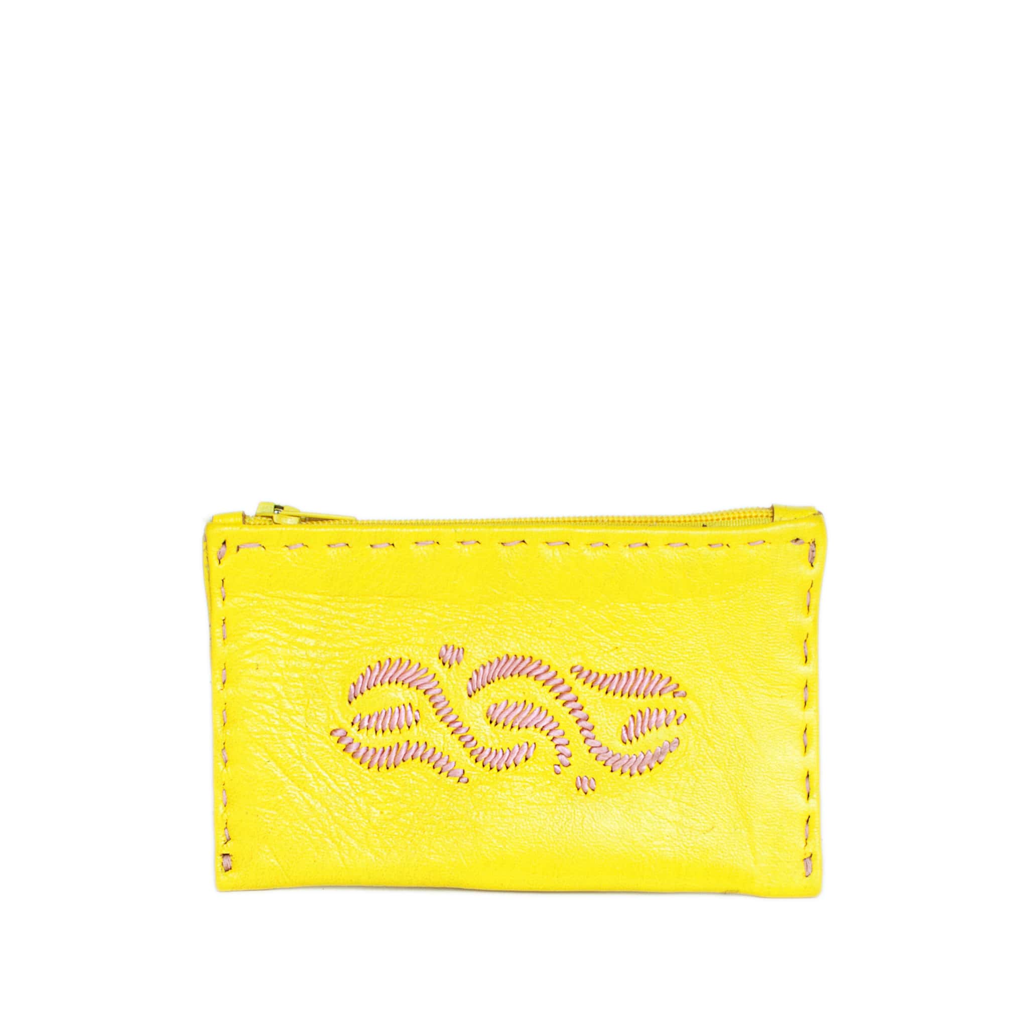 Embroidered Leather Coin Wallet in Yellow, Rosé