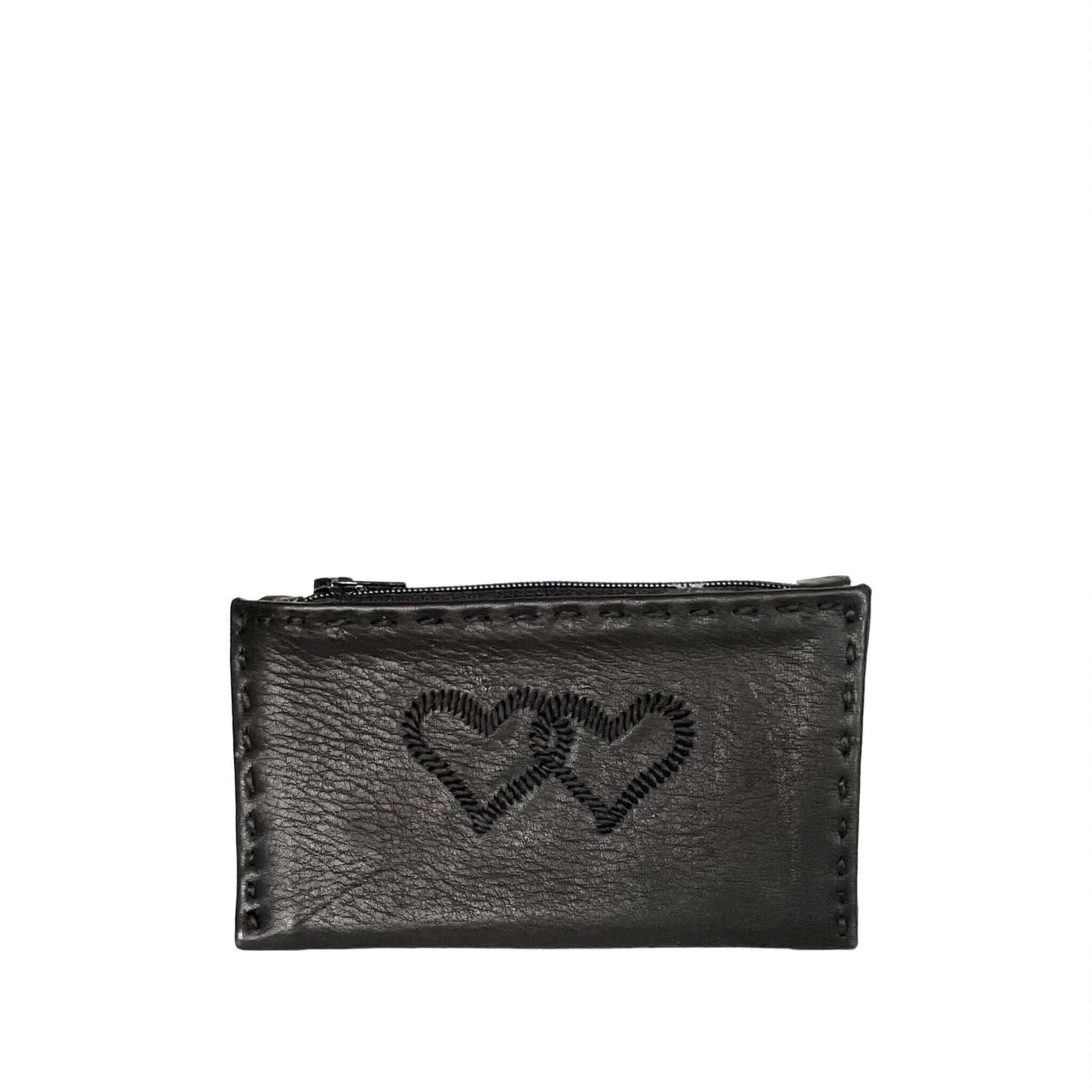 Embroidered Leather Coin Wallet *Love Edition* in Black