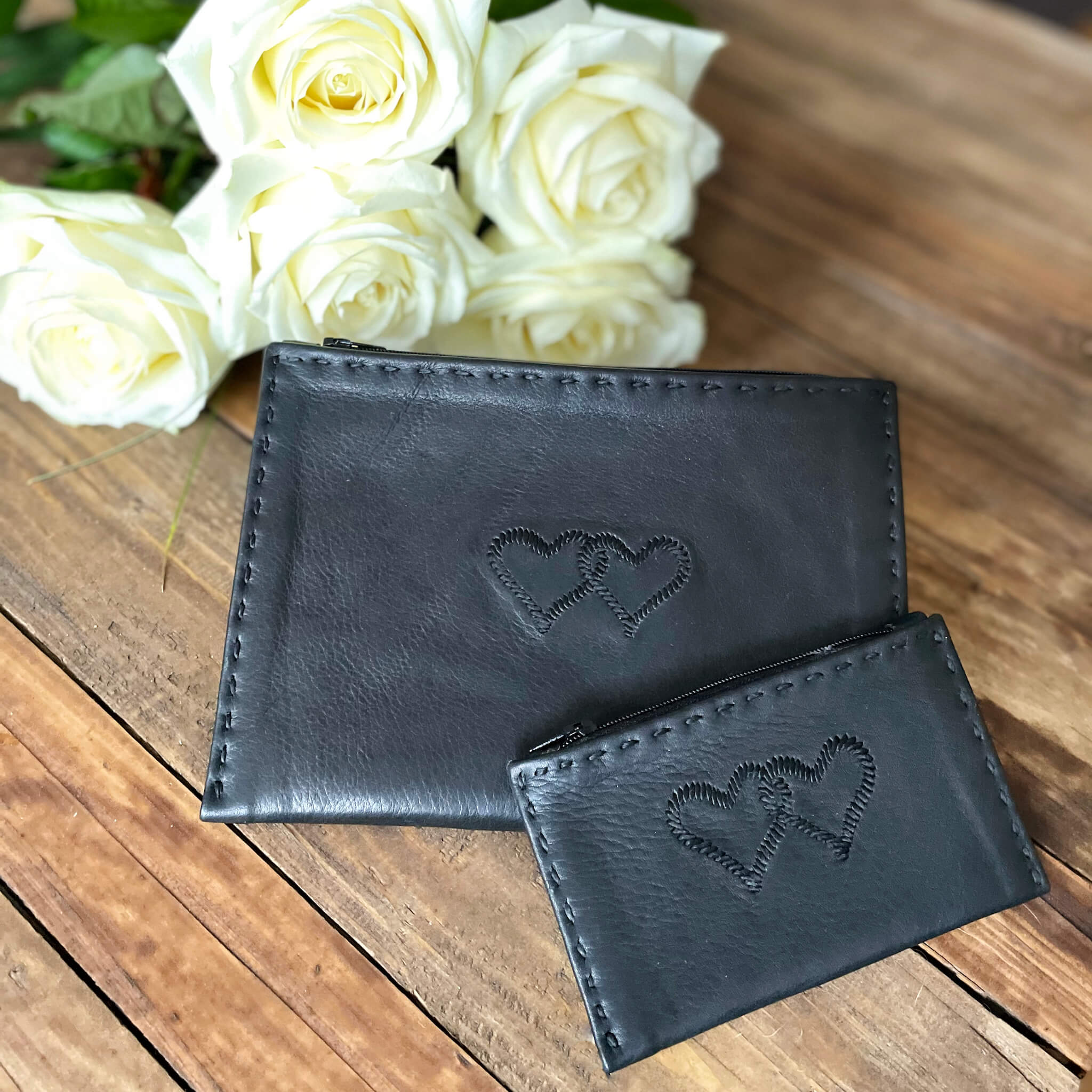 Embroidered Leather Coin Wallet *Love Edition* in Black