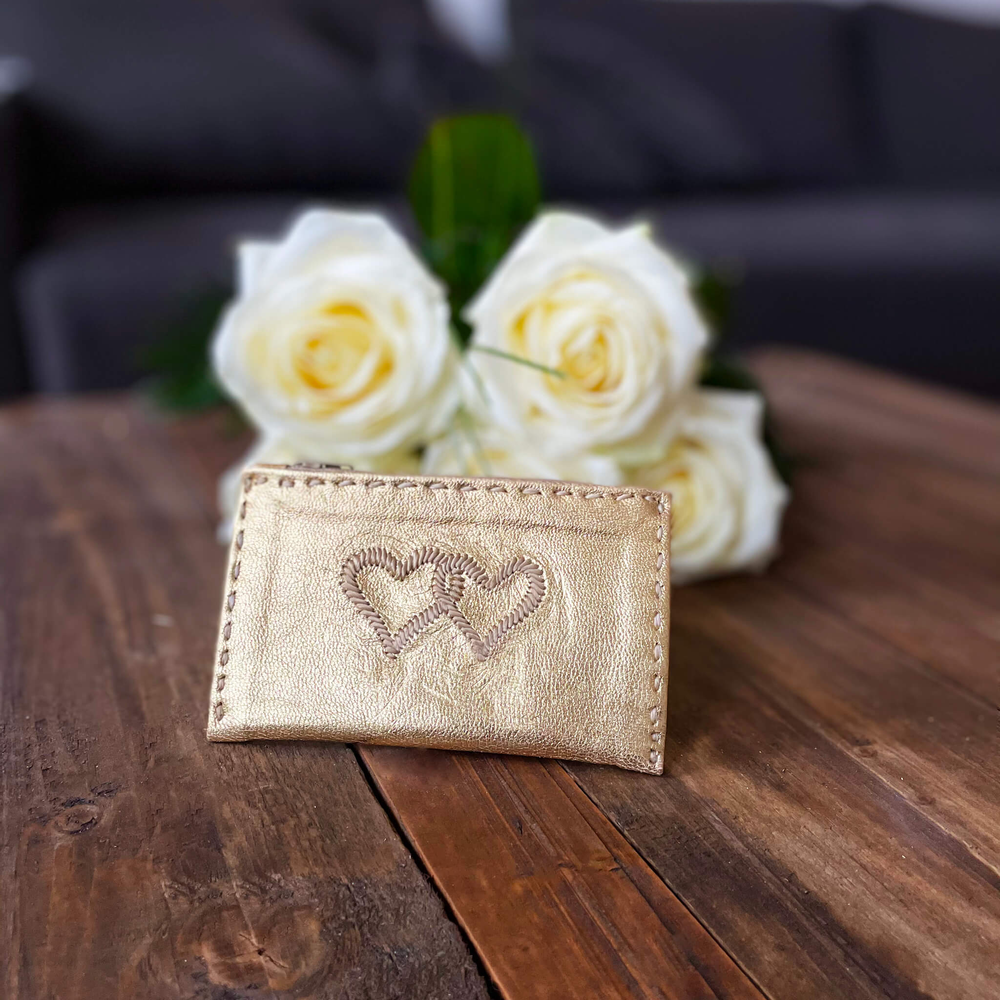 Embroidered Leather Coin Wallet *Love Edition* in Gold