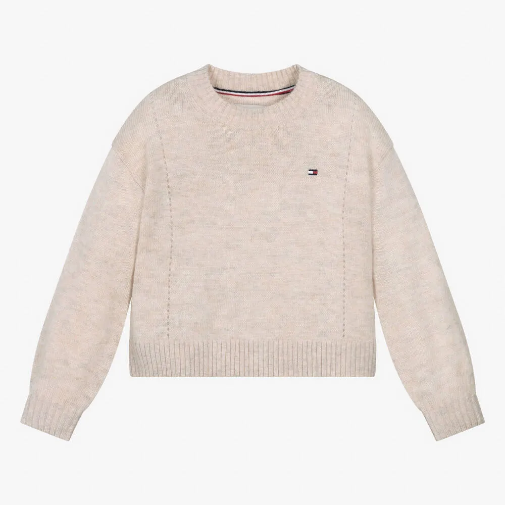 Girls Beige Embroidered Wool Sweater