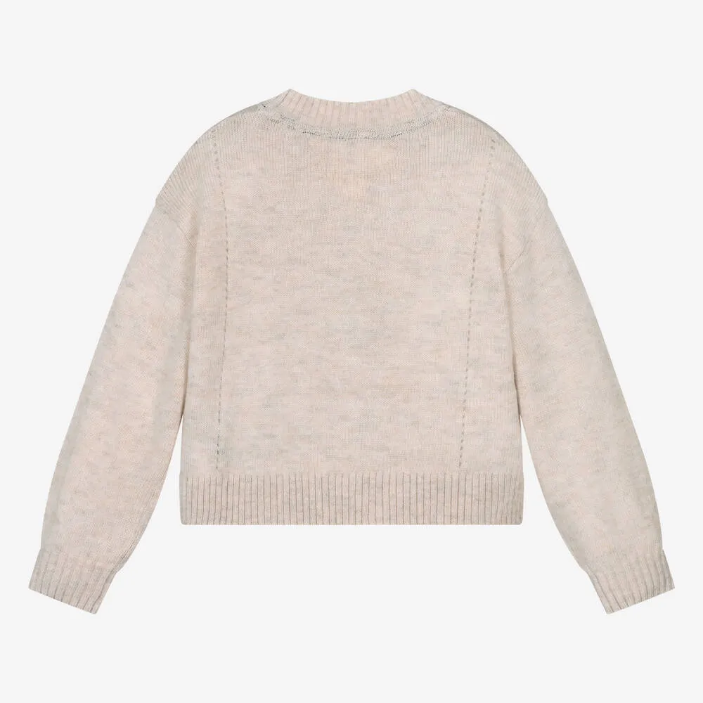 Girls Beige Embroidered Wool Sweater