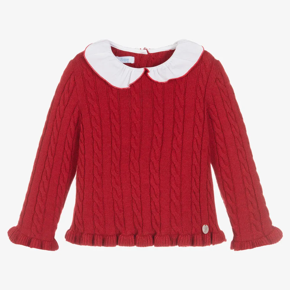 Girls Red Wool Cable Sweater  