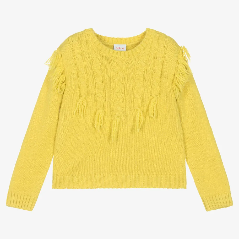 Girls Yellow Knitted Tassel Sweater