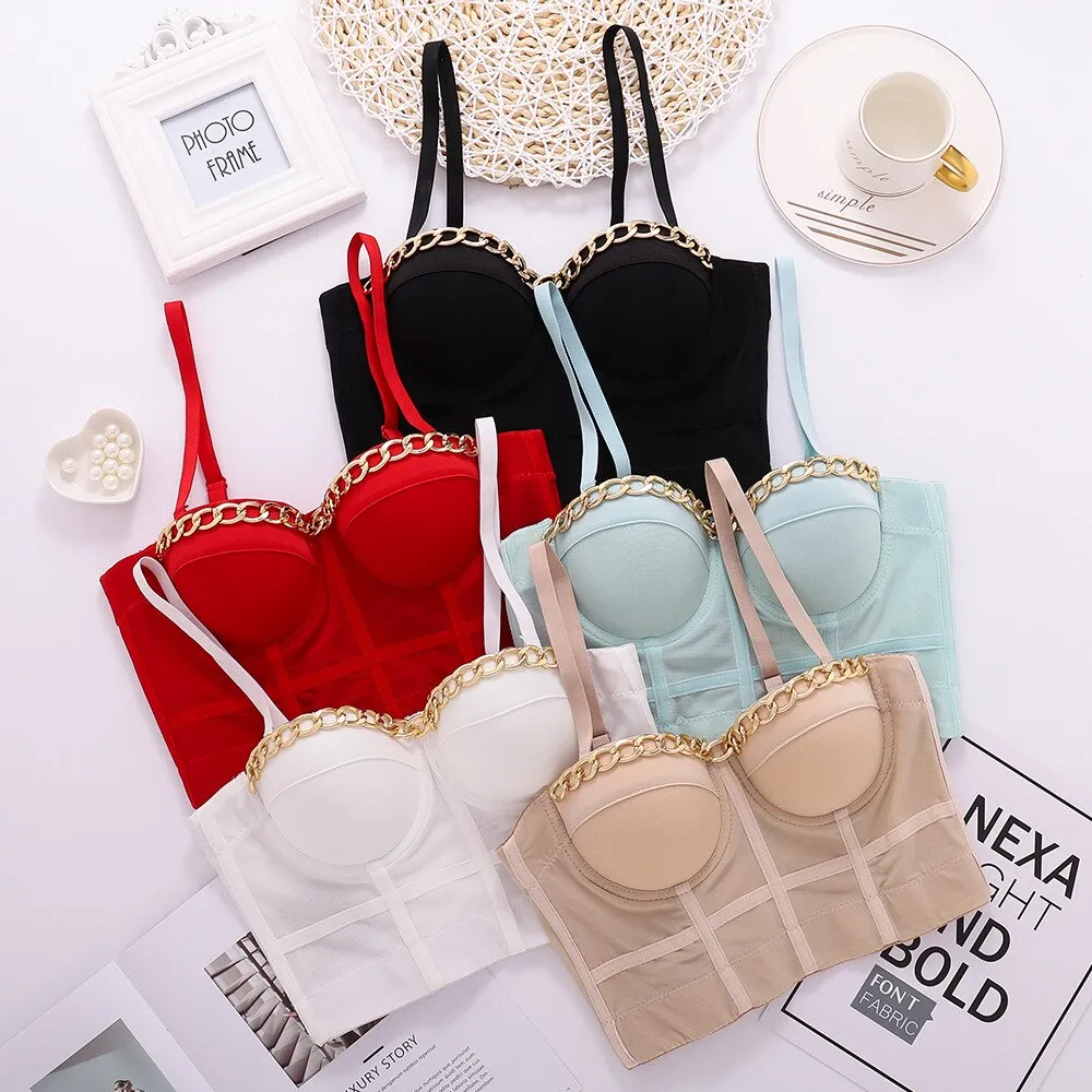 Golden Chain Sexy See Through Crop Top With Built In Bra Summer Women Harajuku Backless Camis Push Up Bralette