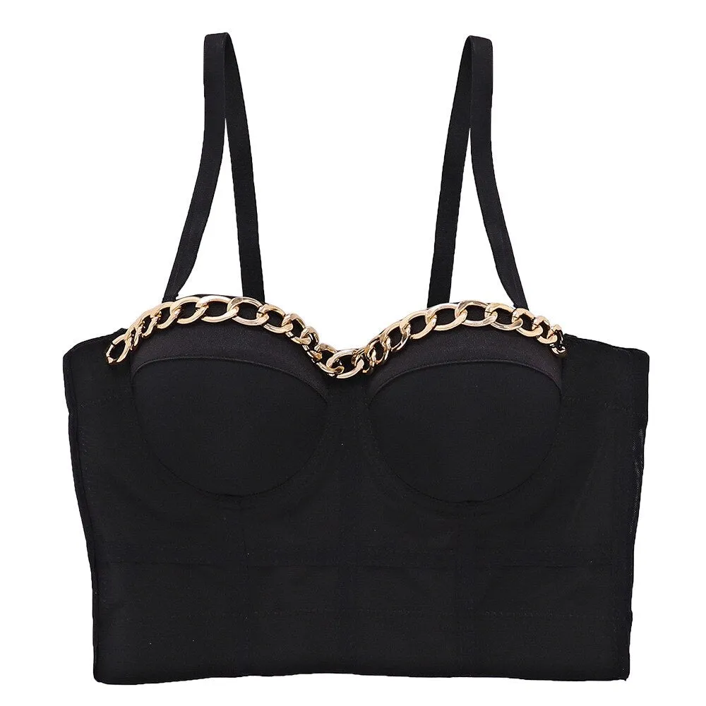 Golden Chain Sexy See Through Crop Top With Built In Bra Summer Women Harajuku Backless Camis Push Up Bralette