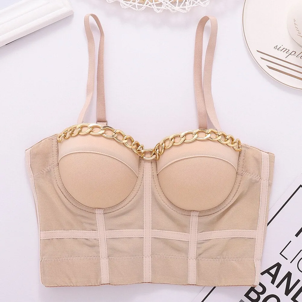 Golden Chain Sexy See Through Crop Top With Built In Bra Summer Women Harajuku Backless Camis Push Up Bralette