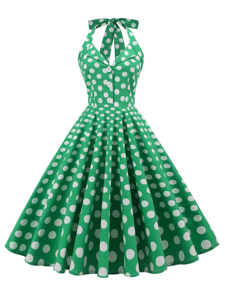 Green Halter Neck Button 50s Vintage Rockabilly Swing Dress with Pockets Backless Party Sexy Women Polka Dot Dresses