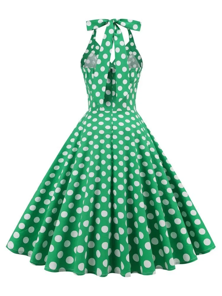 Green Halter Neck Button 50s Vintage Rockabilly Swing Dress with Pockets Backless Party Sexy Women Polka Dot Dresses