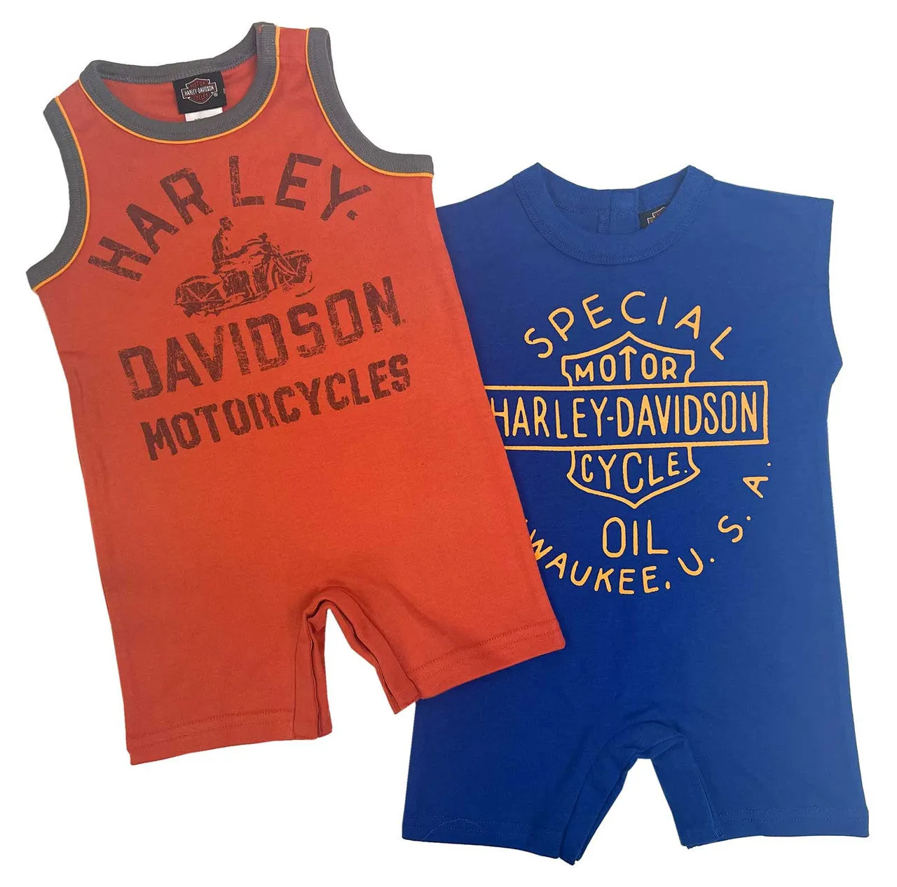 Harley-Davidson Baby Boys' 2-Pack Newborn Sleeveless Romper Set - Orange & Blue - 3052235