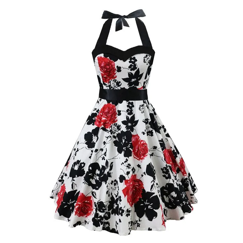 High Waist Floral Print Women 50s Style Pinup Vintage Sexy Party Halter Backless Lace Up Back Slim Dresses