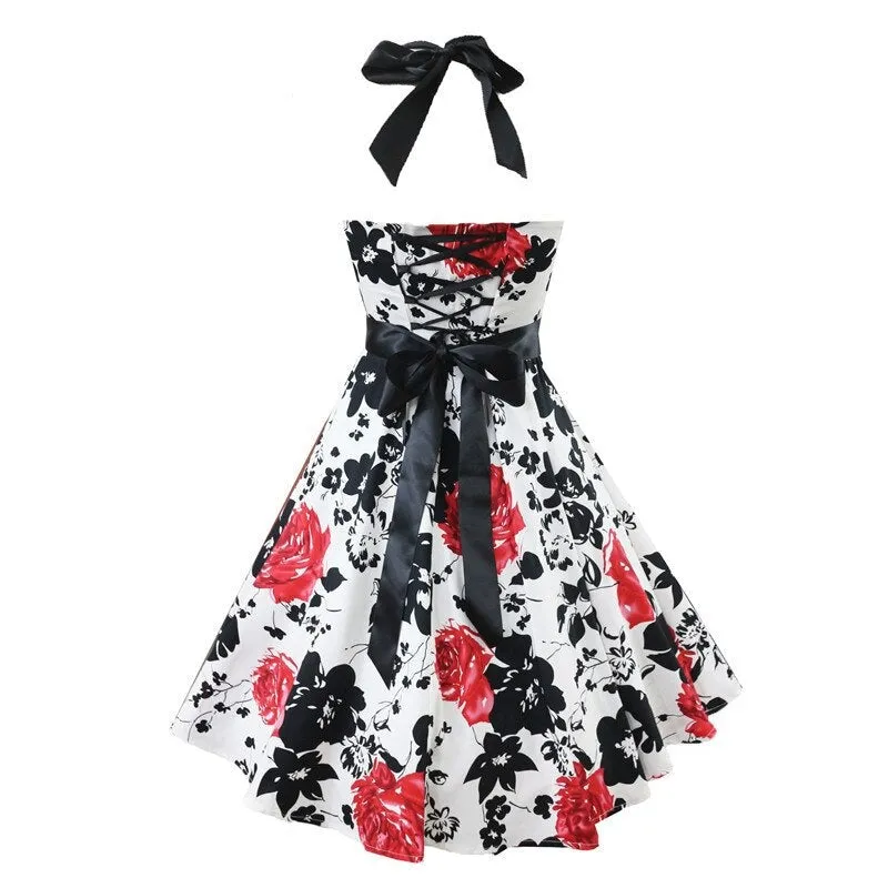 High Waist Floral Print Women 50s Style Pinup Vintage Sexy Party Halter Backless Lace Up Back Slim Dresses