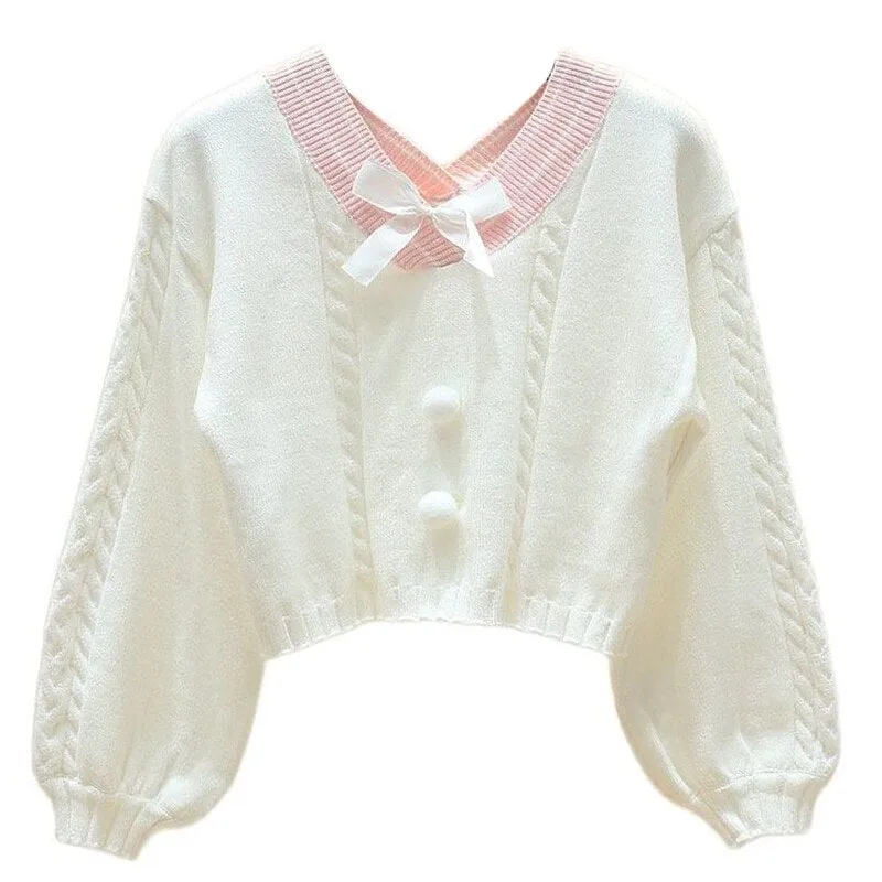 Korean Kawaii White Knitted Sweater Girls Sweet V Neck With Bow Vintage Pullover Femme Long Sleeve Knitwear Crop Top Pink Jumper