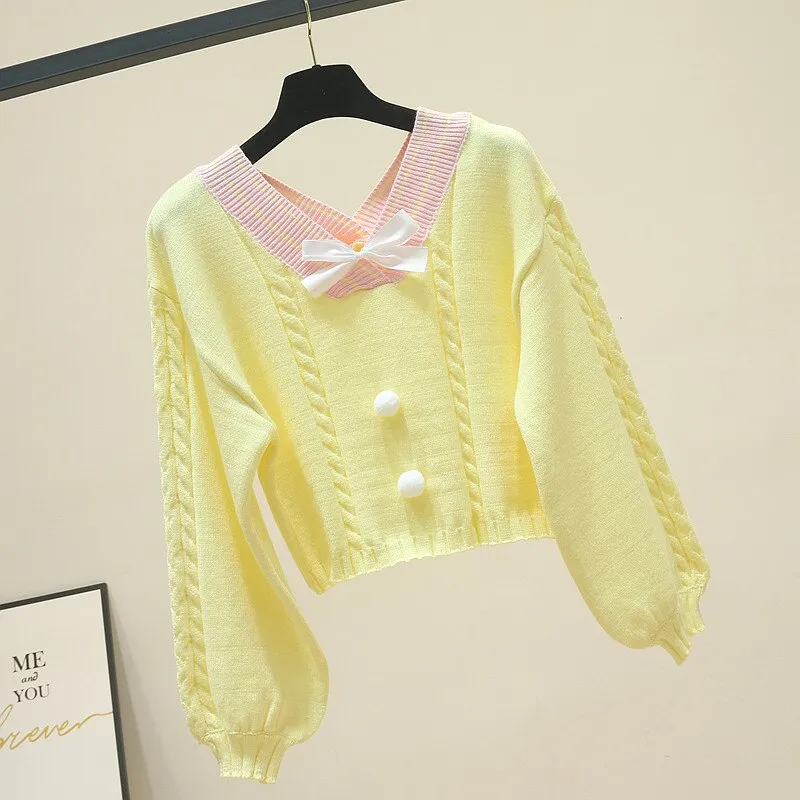 Korean Kawaii White Knitted Sweater Girls Sweet V Neck With Bow Vintage Pullover Femme Long Sleeve Knitwear Crop Top Pink Jumper