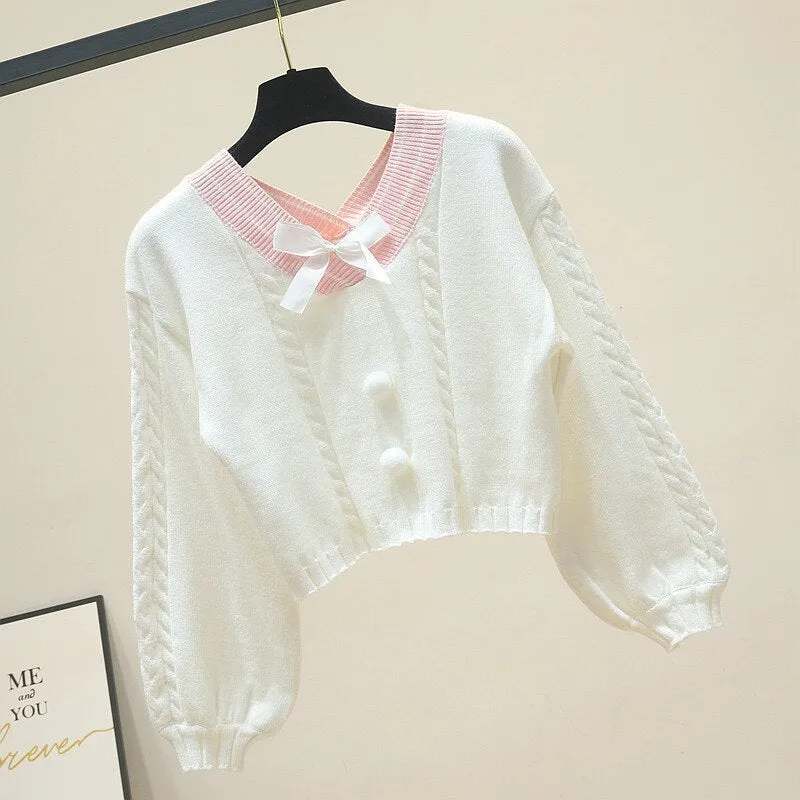 Korean Kawaii White Knitted Sweater Girls Sweet V Neck With Bow Vintage Pullover Femme Long Sleeve Knitwear Crop Top Pink Jumper