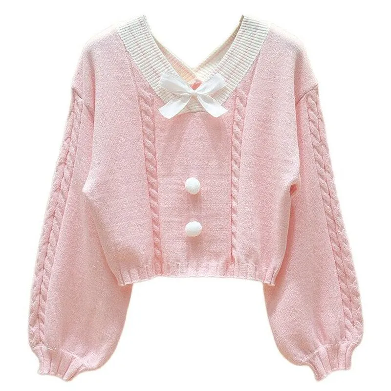 Korean Kawaii White Knitted Sweater Girls Sweet V Neck With Bow Vintage Pullover Femme Long Sleeve Knitwear Crop Top Pink Jumper