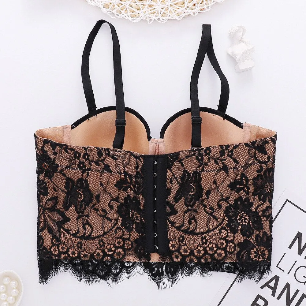 Lace Embroidery Mesh Summer Short Sexy Black Crop Top Women Camisole With Built In Bra